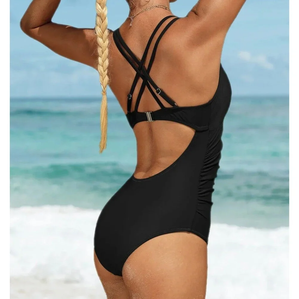 Charmo V Neck Tummy Control Criss Cross Light One-Piece Swimsuit Size L New